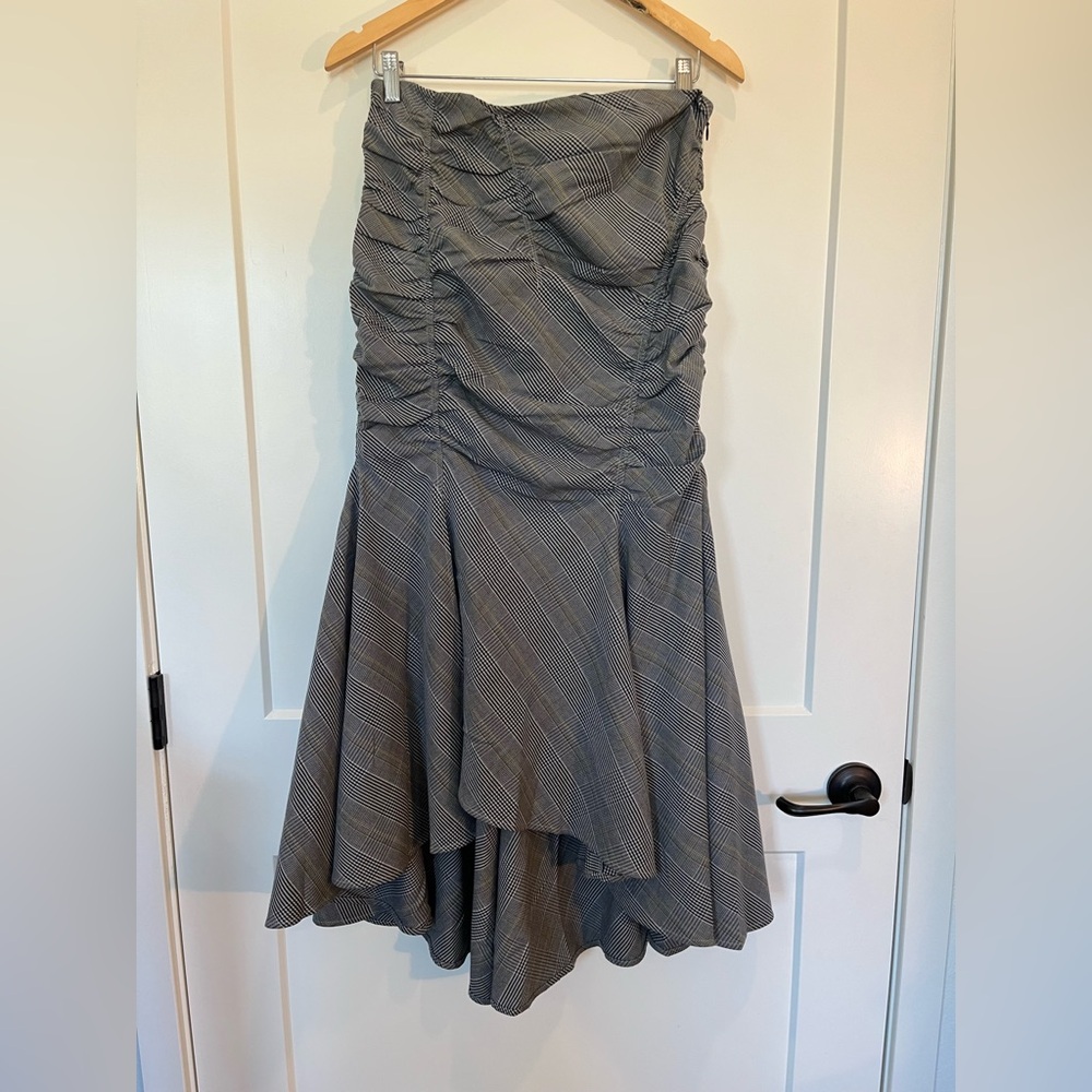 Anthropologie Maeve strapless plaid ruched fitted bodice high-low fishtail dress